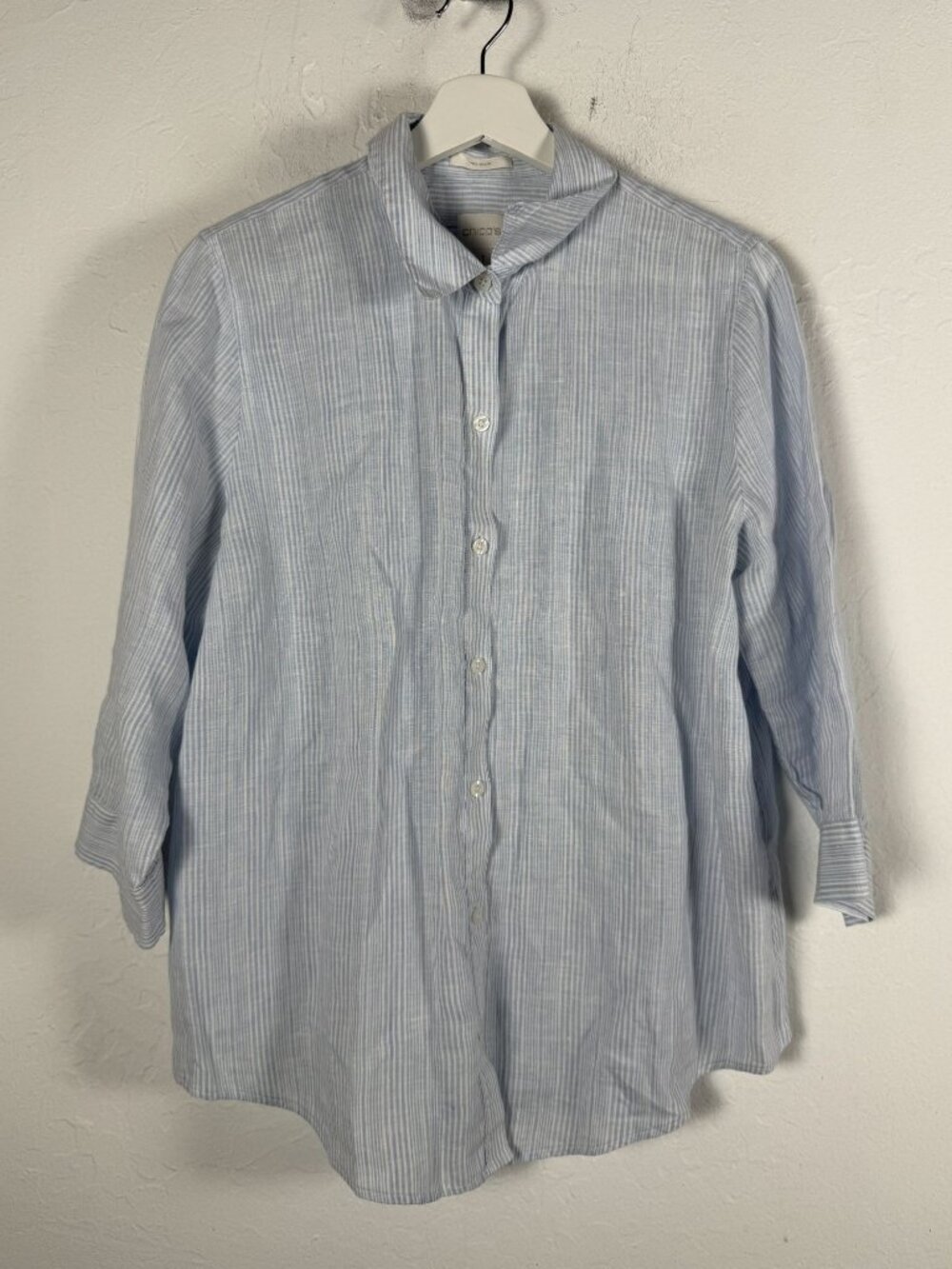 Chico's No-Iron Linen Shirt Womens Size 1 Light Blue White Striped Button Up